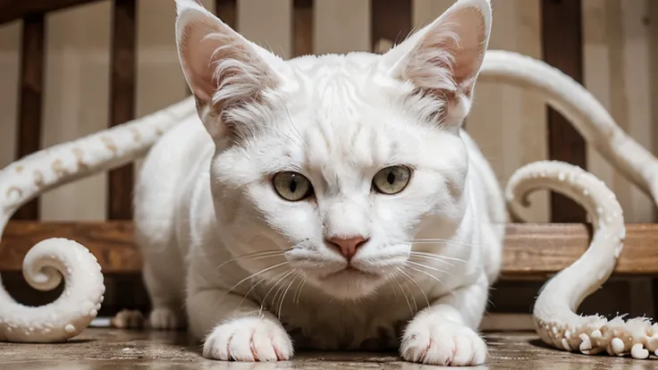 White cat with octopus tentacles on its head