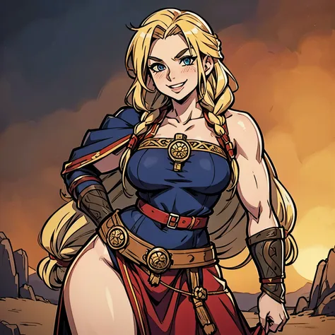 sfw, anime woman, viking woman, blode hair, braided hair, wide smile, strong woman, warrior woman