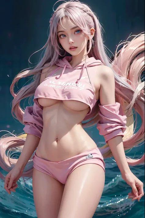 girl, (Lower bust:1.4),Large breasts droop、(ssmile:1.5)，Colored inner hair,Long gray hair:1.5,Long unkempt hair:1.35,cabelos preto e longos,Complex hairstyles,(((neon_Pink_There are eyes:1.3))),complex eyes,Beautiful and delicate eyes,symetric eye)),(spide...