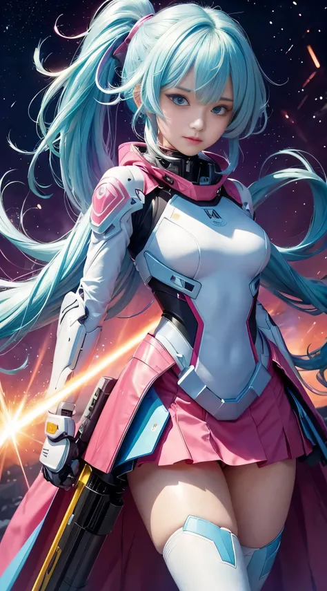 RAW image quality, One super cute girl is wearing a pink jacket armor, mechanical wing, space war background, Rainbow Aura Body, supernova power, light blue hair, red eyes, perfect body, sexy, neon glow, Beam sabre, sad mood, very detailed, combat readines...