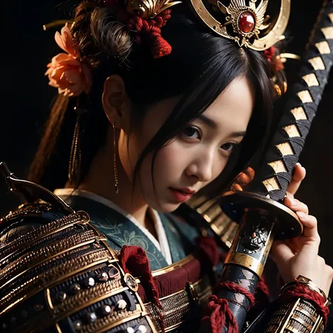 (best quality,4k,8k,highres,masterpiece:1.2), ultra-detailed, (realistic, photorealistic, photo-realistic:1.37), samurai armor, traditional Japanese sword, beautiful girl, kawaii, ponytail, super detailed, hyper-realistic texture, realistic, lifelike photo...