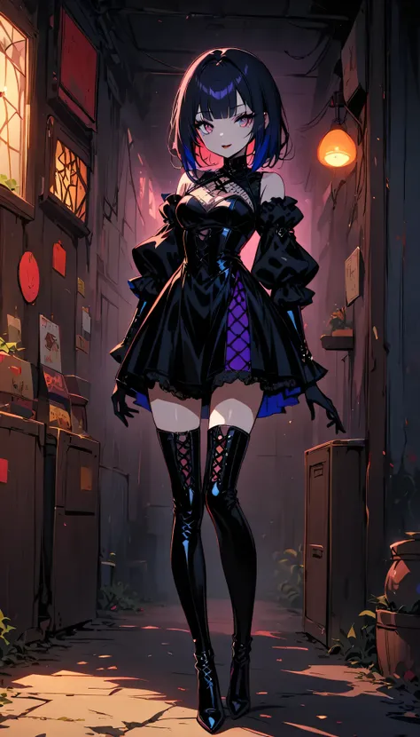 (full body image of latex gothic fashion girl: 1.5), japanese cartoons, lovely, smoky makeup, dark blue hair, blunt bangs, strai...