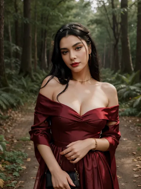 Extremely specific 4K photography of a woman with Chanel black hair, black eyes, seductive gaze and soft smile, red lipstick on her lips, golden accessories, wearing a long red dress at a forest wedding.