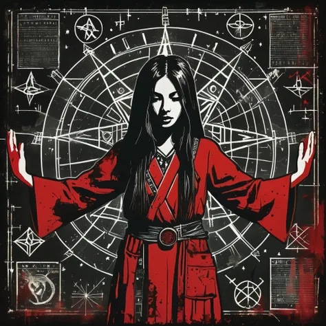 sketch depicting girl summoning in a dark room, hands raised, pentagrams, technical markings and medical description with charts, text with strange characters, mystical. Textured, distressed, vintage, edgy, punk vibe, dirty. dark esthetic, red robes