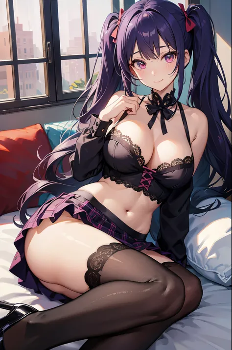 In 8K、highest quality、room with window、with a girl、Dark purple hair、twin tails、big pink ribbon、delicate face、smile、red eyes、blushing face、black blouse with lots of frills、Plaid pink skirt、beautiful feet、striped lace tights、black platform pumps、seductive th...