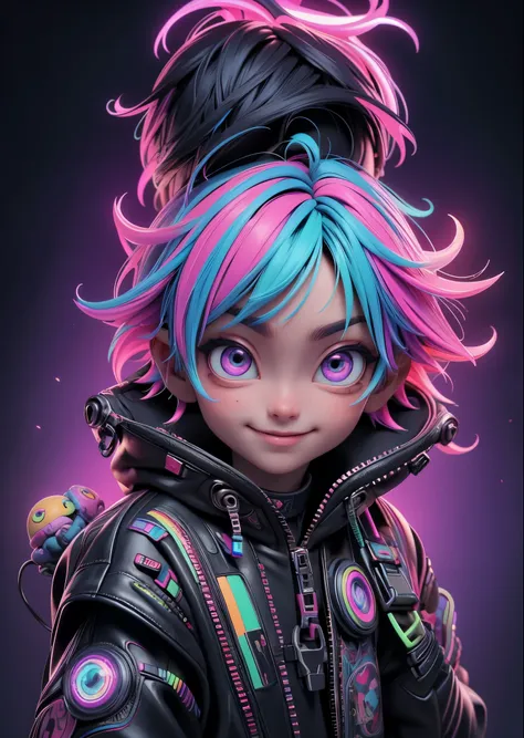 Psychedelic world、cyberpunk fashion、1 cute boy、smiling boy、Big eyes、Hold lightning from your hand、amber hair、colorful gel background、Fractal background、perfect lighting、sharp focus、High resolution、High resolution、High color rendering、High resolution、Super ...