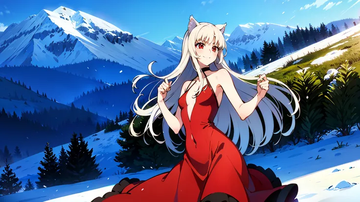 holo, white hair, red eyes, serious expression, mid twenties, , cat ears, dynamic posture, dancing, field of snow, smiling, real...