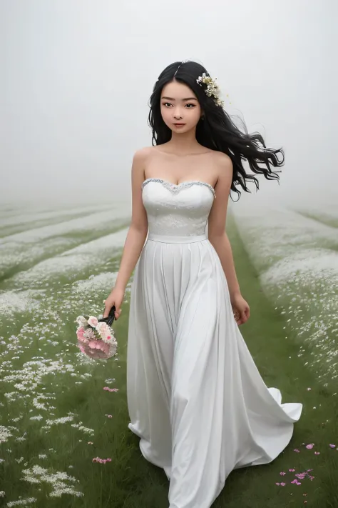 ((best quality)), ((masterpiece)), (detailed), perfect face A 16 year old girl of Indonesian Chinese descent with long, wavy black hair with a hair ornament of flowers With firm, pointed breasts and wearing a long white sleeveless strapless dress walking i...