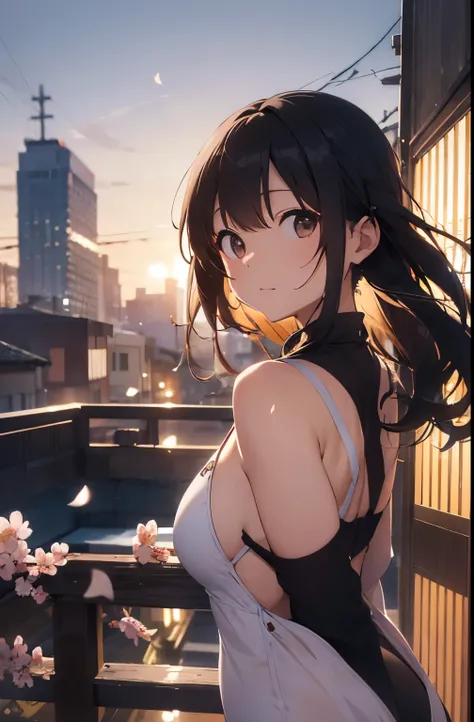 On the rooftop during golden hour、Background night city skyline, Beautiful Japanese woman photographed in sexy swimsuit, towards the camera. She wears a white swimsuit, Minimalist white swimsuit, Her long green hair is blowing gently in the breeze. A golde...