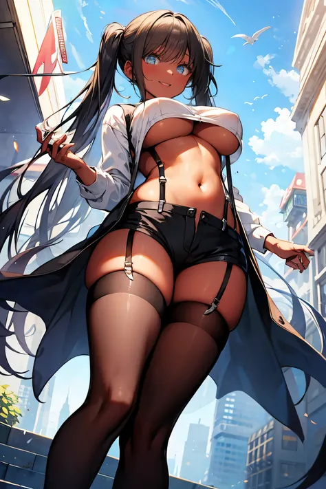 masterpiece, best quality, 1girl,full body, BREAK (twin tail,black hair),blue eyes,perfect eyes, BREAK (((black short garter shorts))), ((black suspenders)), (white cropped cutter shirt), BREAK Navel exposed, (big breasts:0.8),dark skin,hourglass body shap...