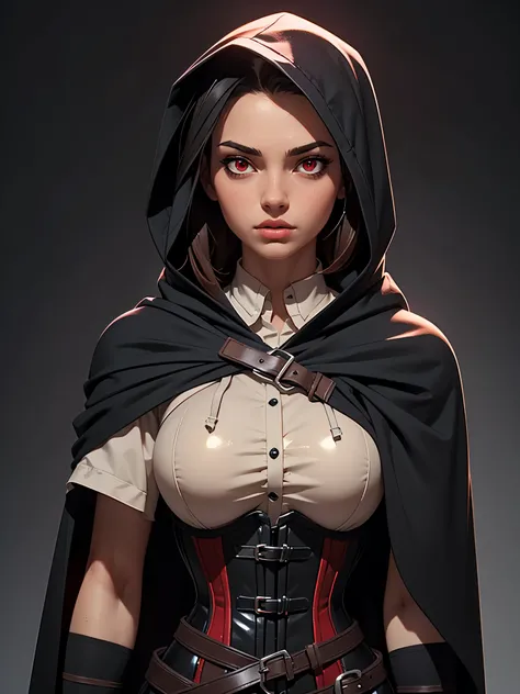 one girl, solo, (bust, upper body, front view:1.2), concept art, assassin, hood, cloak, black hair, red eyes, belts, shoulder-belts, corset, (masterpiece, highly detailed, look at viewer, shiny blured grey background, gradient sprayed background, blured ba...