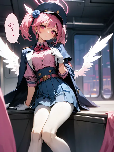 1girl,armband,belt,black wings,blue armband,blue jacket,blue skirt,blurry,blurry background,buttons,cosplay,cropped jacket,double-breasted,earrings,feet out of frame,flower,gloves,hair flower,hair ornament,halo,hat,head tilt,head wings,highlander sidelocks...