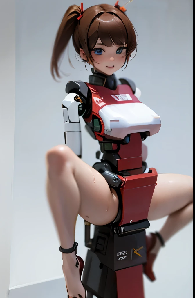 A Female robot is sleeping in bedroom, spread legs, nude, banzai pose. she wears no dress. She Brown short hair is tied with two big red clothespins, She lifts up the under hem of her white plain dress, leaning over, masterpiece, very short pigtails,brown ...