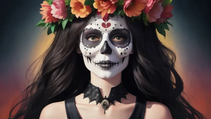 realistic oil painting, flower crown, line art, vector art, Dios de la Muerte, full face, collar bone, fancy summer dress