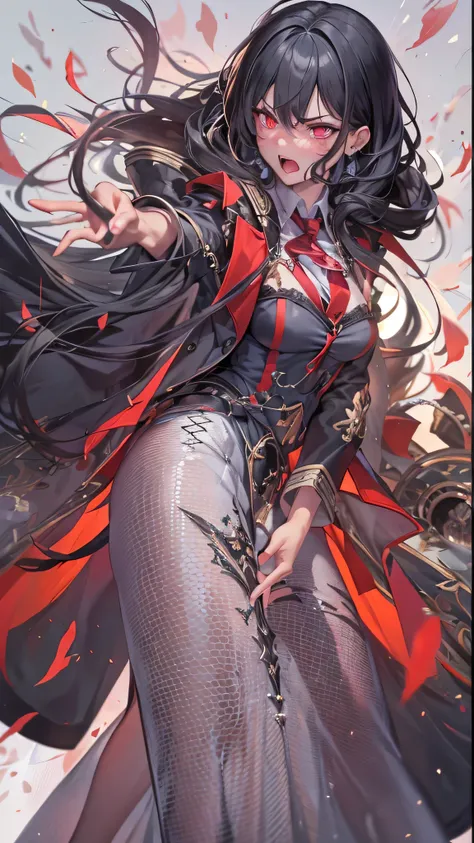 perfect anatomy, masterpiece:1.4, best quality, 8k, beautiful detailed grow, daydreaming expression, in the rap battle stage, ((evil style)), break, profile (solo curly:1.2 black hair long hair evil:1.3 girl, 15 yo, cute red eyes, (((make-up))) face, angry...