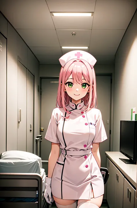 1girl, solo, nurse, white nurse cap, white nurse uniform, ((white legwear, zettai ryouiki)), white gloves, pink hair, green eyes, drooping eyes, smile, standing, ((hospital room)), sharp outline, short sleeves, best quality, masterpiece