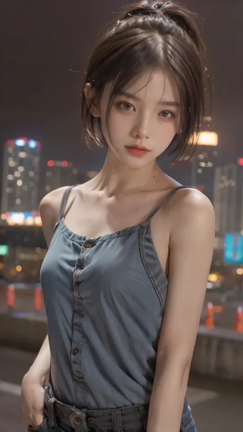 最high quality, masterpiece, 超High resolution, (realistic:1.4), Raw photo, 1 girl,, short hair,, (masterpiece, 最high quality, high quality, High resolution, Super detailed),at night,neon,cyber punk,City of night,city