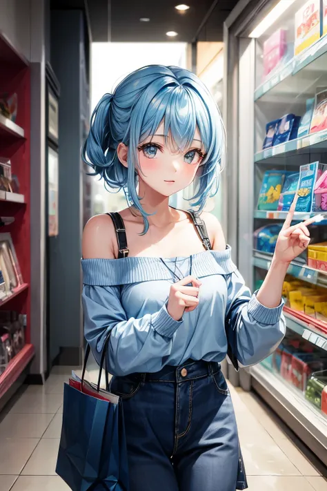 1girl, bluenette hair, light blue hair, next door girl, shopping 