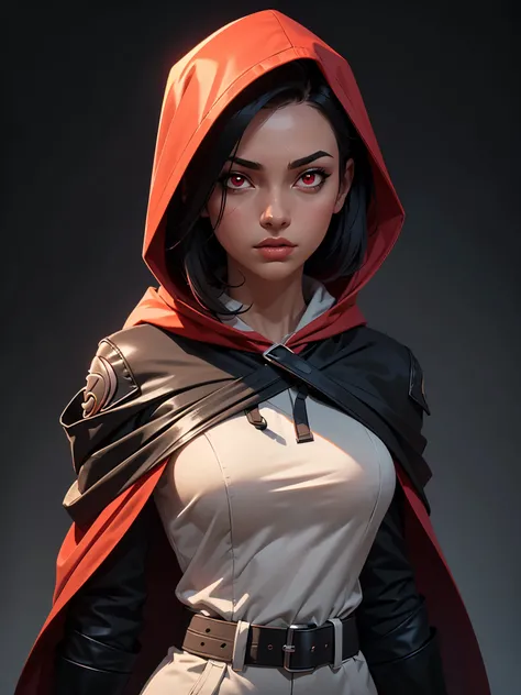 one girl, solo, (bust, upper body, front view:1.2), concept art, assassin, hood, cloak, black hair, red eyes, belts, shoulder-belts, (masterpiece, highly detailed, look at viewer, shiny blured grey background, gradient sprayed background, blured background...