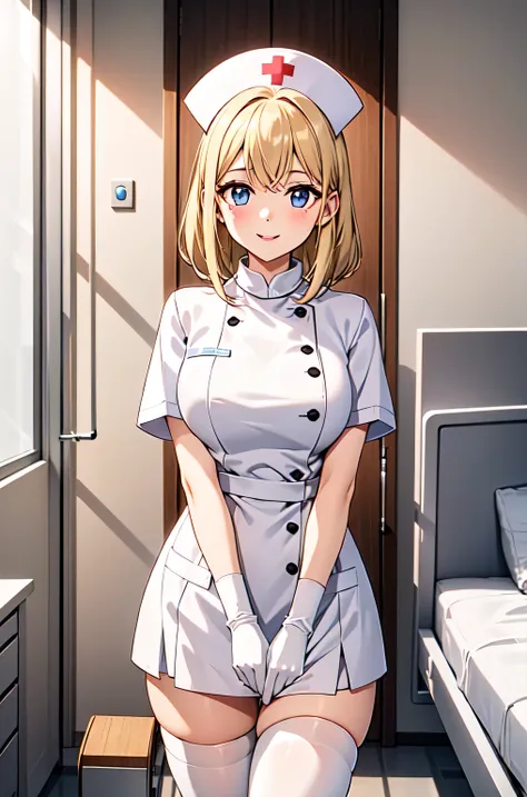 1woman, solo, nurse, white nurse cap, white nurse uniform, ((white legwear, zettai ryouiki)), white gloves, blonde hair, blue eyes, pink lips, smile, standing, ((hospital room)), sharp outline, short sleeves, mature female, 35 years old, best quality, mast...