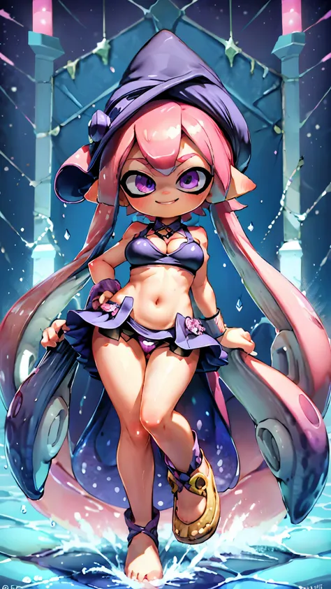 Splatoon Girl 、super big breasts、fua、Neon pink tentacle hair、cleavage、Pose that emphasizes the chest、wet chest、Sexy dynamic pose、wide open smile、big and cute eyes、Beautiful eyes Wizard costume、pointy hat、mini skirt、cheek、Lipstick、