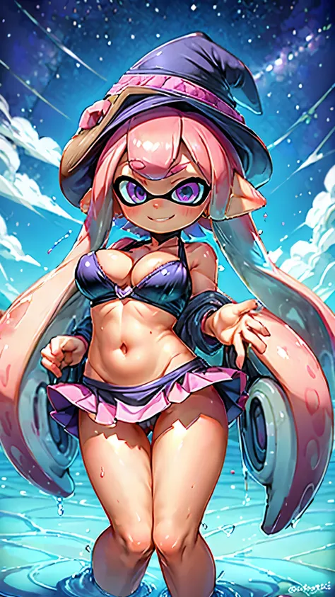 Splatoon Girl 、super big breasts、fua、Neon pink tentacle hair、cleavage、Pose that emphasizes the chest、wet chest、Sexy dynamic pose、wide open smile、big and cute eyes、Beautiful eyes Wizard costume、pointy hat、mini skirt、cheek、Lipstick、