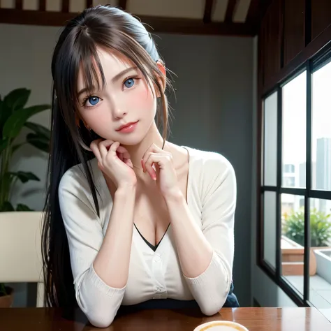 1girl, cute, adorable, (blue eyes), light smile, (solo), round face, (ponytail), slender, modest breast, warm skin tone, open cardigan, (white tshirt), dramatic angle, head tilt, head resting on hand, 8k, RAW photo, best quality, (masterpiece:1.2), (photo-...