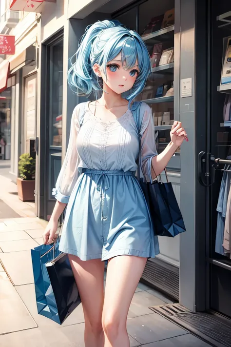 1girl, bluenette hair, light blue hair, next door girl, shopping, cloth shopping 