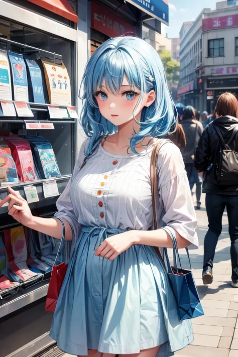 1girl, bluenette hair, light blue hair, next door girl, shopping, cloth shopping 