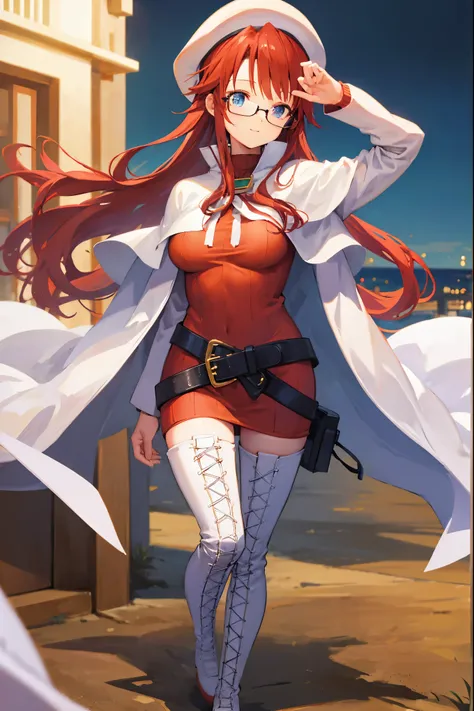 summonnightaty, aty, long hair, blue eyes, red hair, beret, hat, glasses,
BREAK long hair, thighhighs, hat, dress, boots, glasses, belt, cape, sweater, zettai ryouiki, beret, thigh boots, white footwear, ribbed sweater, loose belt,solo,
BREAK outdoors, fan...