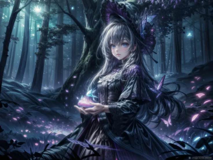 Elaborate lighting, ((Best quality)), ((masterpiece)), (detailed), dark forest, dark fantasy, fantasy, magical forest, landscape, neon mushrooms, neon moss, violet colors, blue colors, mystery, luminous butterflies, neon, inflated colors