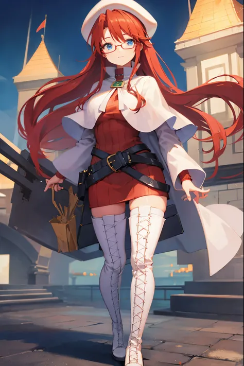 summonnightaty, aty, long hair, blue eyes, red hair, beret, hat, glasses,
BREAK long hair, thighhighs, hat, dress, boots, glasses, belt, cape, sweater, zettai ryouiki, beret, thigh boots, white footwear, ribbed sweater, loose belt,solo,
BREAK outdoors, fan...