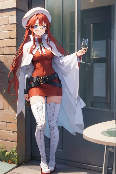 summonnightaty, aty, long hair, blue eyes, red hair, beret, hat, glasses,
BREAK long hair, thighhighs, hat, dress, boots, glasses, belt, cape, sweater, zettai ryouiki, beret, thigh boots, white footwear, ribbed sweater, loose belt,solo,
BREAK outdoors, fan...