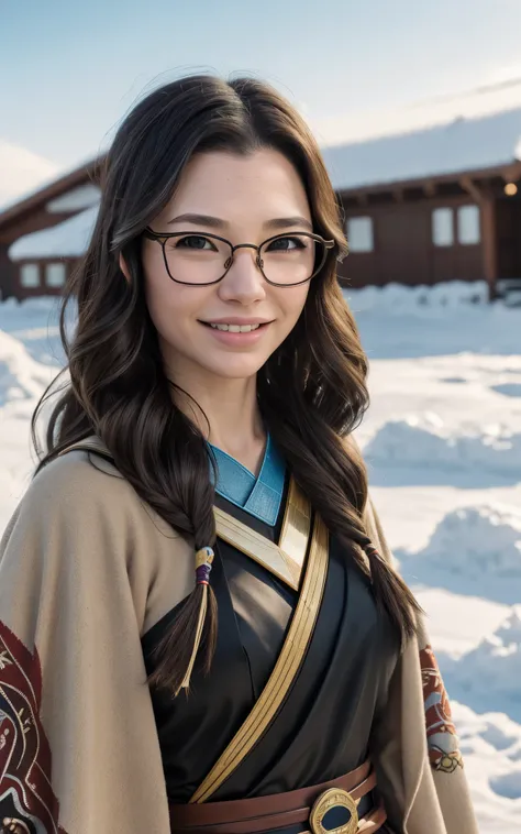 Young ainu woman with the face of (Gal Gadot:Evangeline Lilly), (looking at viewer, light smile, ), brown hair, brown eyes,  long hair, hair_flying, Fluttering hair, flying_hair, ((Transparent glasses, glasses, glasses_on_nose)), ((traditional ainu clothes...