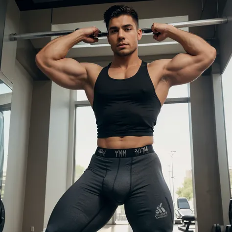 Muscular men, gym boy, cool outfit, gym clothes, tank top, big pectoral, abdominal, crotch bulge, gym tights, compression clothes, handsome boy, 