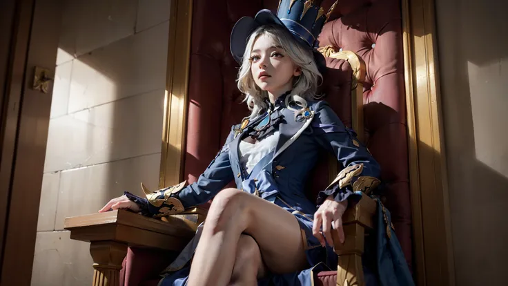 Portrait of a woman、Fantasy Art、photoRealstic、Dynamic lighting、art  stations、poster for、Volume Lighting、extra detailed face、Hats、8K、Raw photo、hight resolution1 girl, long、white  hair、、Furina, sitting on throne, blue throne room, hands leaning on sword, cro...