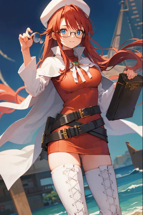 summonnightaty, aty, long hair, blue eyes, red hair, beret, hat, glasses,
BREAK long hair, thighhighs, hat, dress, boots, glasses, belt, cape, sweater, zettai ryouiki, beret, thigh boots, white footwear, ribbed sweater, loose belt,solo,
BREAK outdoors, fan...