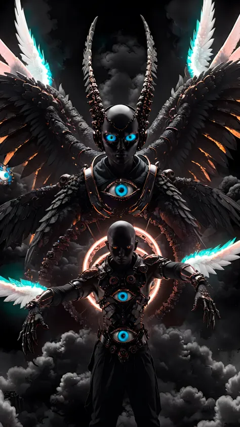 no face and faceless male succubus warrior wearing neon mecha armor, mystical creature with hundreds of eyes and wings, with the...