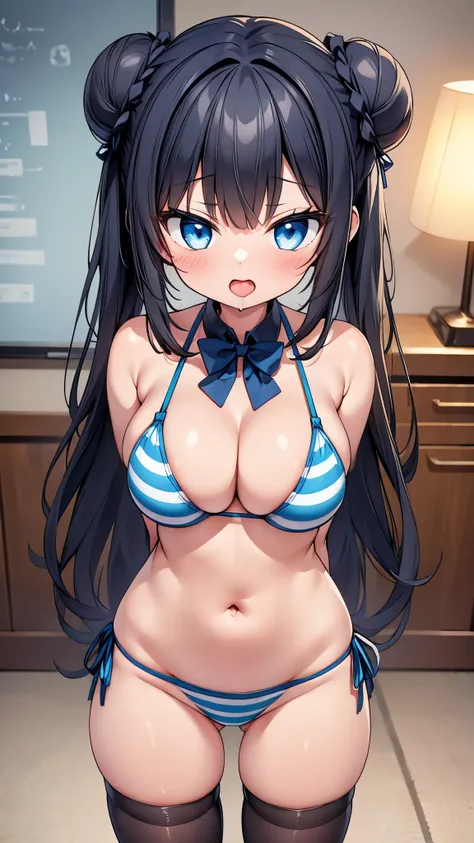 highest quality,wonderful,finely,extremely detailed CG Unity 8K wallpaper, (1 girl,black hair, blue eyes,double bun), (gigantic breasts:1.2), (Light blue striped micro bikini:1.1), (open mouth:1.2), (long tongue:1.2), (mouth drool:1.2), (black stockings:1....