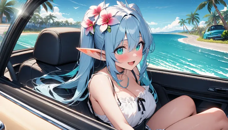  (masterpiece, best quality), 1 elven girl, ( bear breasts, thigh),  (light blue hair, twin tails ,very long hair is fluttering in the wind), hair between eyes, multi colored hair,hair flower ornament ,(blush, smile, aqua eyes), open mouth, maid uniform,  ...