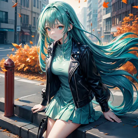 (high detail:1.2)anime girl,(movie lighting,exquisite color),(fallen leaves:1.2), calm light, Wind, FOG. turquoise, delta hue. no banner  ，Leather jacket