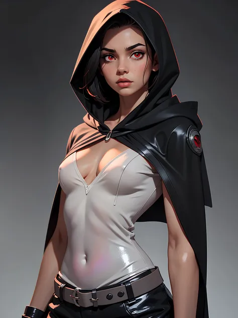 one girl, solo, (bust, upper body, front view:1.2), concept art, assassin, hood, cloak, black hair, red eyes, belts, shoulder-belts, (tiny breasts, small breasts, male chest:1.3), (masterpiece, highly detailed, look at viewer, shiny blured grey background,...