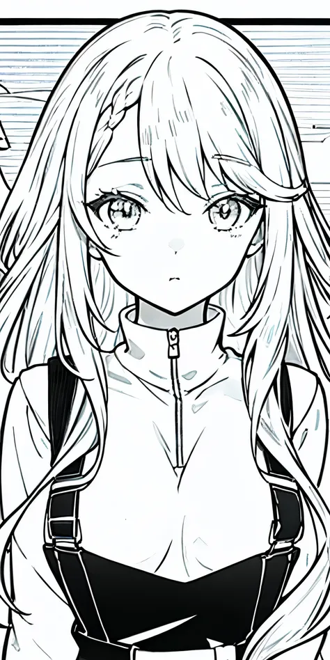 Portrait of a cute anime girl with long hair in a pullover and an overall, line art, monochrome 