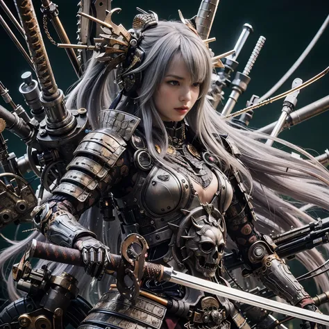 (best quality,highres,masterpiece:1.2),mechanical,hydraulic cylinders,samurai armor,Japanese sword,beautiful girl,twin tails,silver hair,realistic,photorealistic:1.37,photo shoot,ultra-detailed,hyper-realistic textures,full body,battlefield