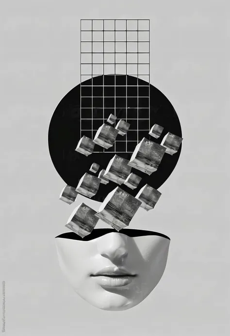 a black and white photo of a woman&#39;s head, from which blocks protrude, surreale collage, a contemporary artistic collage, in...