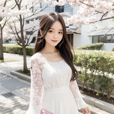 ladies&#39; fashion、white、light pink、spring、long black hair、smile、Cherry blossoms in the background