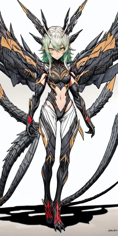 Drawing of a female character with green hair and wings, mechanized valkyrie girl, Wearing Witchblade Armor, anime character; full body art, anime monster girl, detailed anime character art, dark goddess with six arms, zodiac girl, Insect-like, armor girl,...