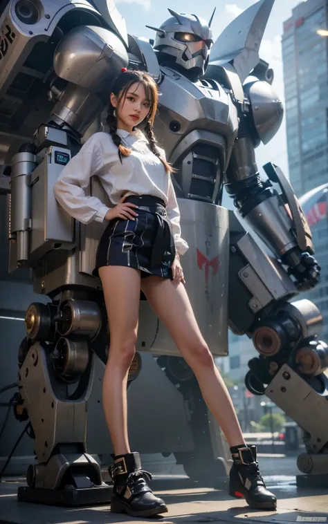 (best quality,highres,masterpiece:1.2),mechanical,hydraulic cylinders,samurai armor,Japanese sword,beautiful girl,twin tails,silver hair,realistic,photorealistic:1.37,photo shoot,ultra-detailed,hyper-realistic textures,full body,battlefield