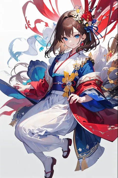 Incredible resolution, high resolution, (masterpiece:1.4), Hyper-detailing, glossy details, Anime young woman with dark-brown hair, blue eyes, wearing a white hanbok with royal-blue details and red dress, with a gentle smile, korean hairpin on her head, fu...