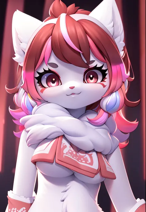 furry, white fur, ultra cute face,ultra long eyelashes, red elements on fur, glowing t-shrt, beautiful lights and shadows, ambient light, ultra detailed fur, ,neon highlights, chiaroscuro, masterpiece, epic, ultra HD, intricate